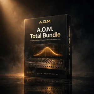 3D software box artwork for A.O.M. Total Bundle – Professional Mixing & Mastering Plugins (Mac & Windows), showing the Invisible Limiter G2 mastering collection