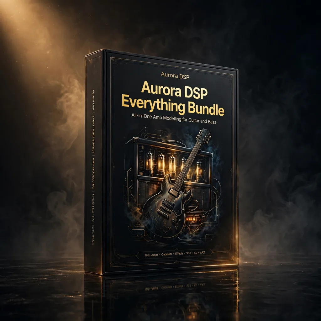 AURORADSP-BUNDLE-001 3D software box artwork for Aurora DSP Everything Bundle – Complete Guitar & Bass Plugin Collection, showing the amp modelling collection