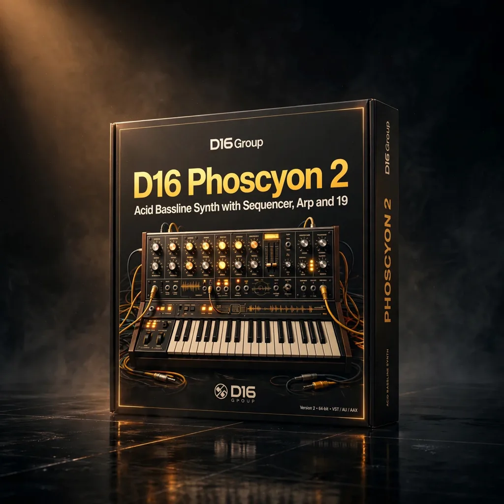 D16-PHOSCYON-2 D16 Phoscyon 2 acid bassline synthesizer with 303-style filter, built-in sequencer, arpeggiator and 19 distortion models