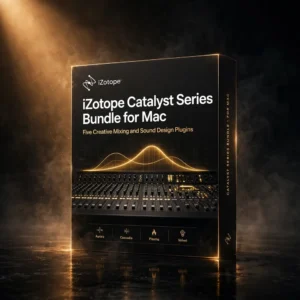 iZotope Catalyst Bundle for Mac – Aurora, Cascadia, FXEQ, Plasma, Velvet 3D software box artwork with five plugins