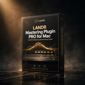 3D software box artwork for LANDR Mastering Plugin PRO for Mac – AI Mastering Software, showing the in-DAW AI mastering interface