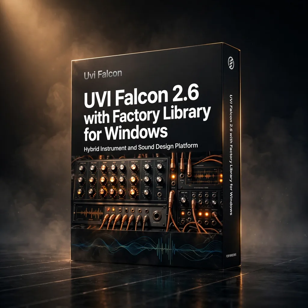 LIB-UVIFALCON-001 3D software box artwork for UVI Falcon v2.6.0.2 + Factory Library for Windows, showing the hybrid synthesis platform with its Factory Library