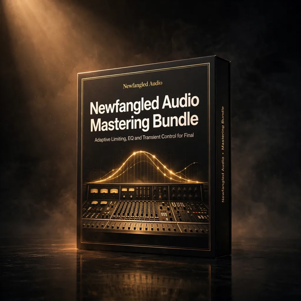 NFA10005113 Newfangled Audio Mastering Bundle – Intelligent Mixing & Mastering Suite software box and plugin interface