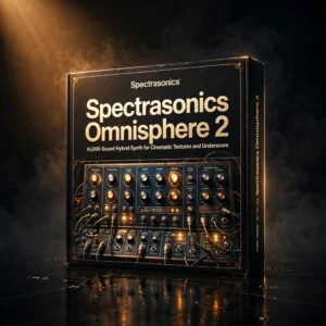 Spectrasonics Omnisphere 2 synthesizer interface with layered patches, orbital morphing and cinematic sound library browser