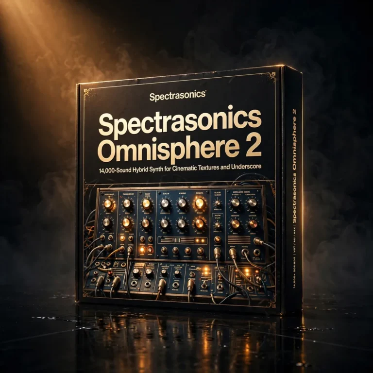 Spectrasonics Omnisphere 2 synthesizer interface with layered patches, orbital morphing and cinematic sound library browser