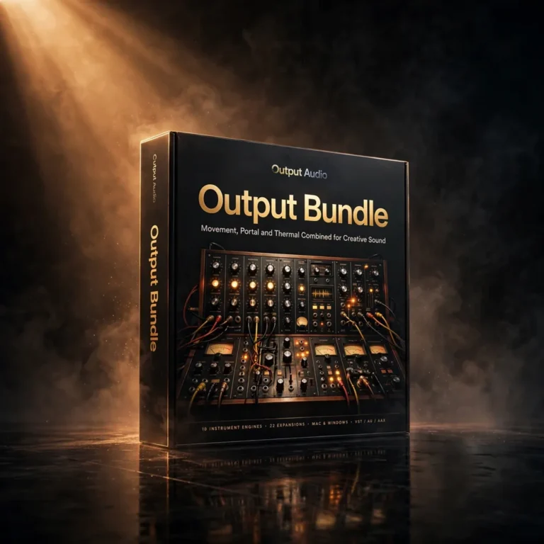 3D software box artwork for Output Bundle – Movement, Portal & Thermal FX Suite, showing the three creative effects plugins