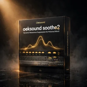 3D software box artwork for oeksound soothe2 for Mac – Dynamic Resonance Control Plugin, showing the dynamic resonance suppressor interface