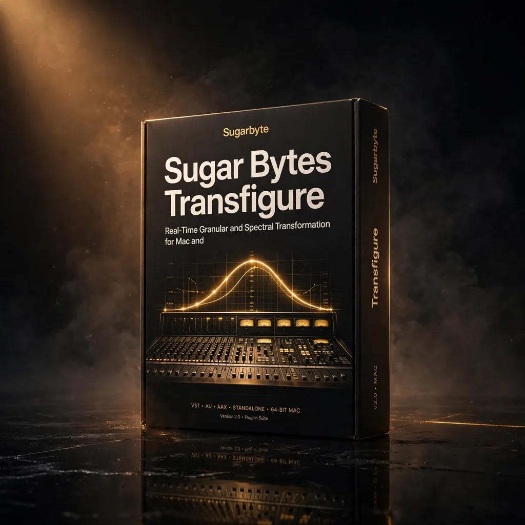 PLG-TRANSFIGURE-001 3D software box artwork for Sugar Bytes Transfigure – Granular & Spectral FX Plugin (Mac/Win), showing the granular spectral interface