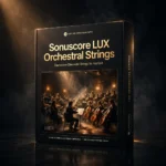 3D software box artwork for LUX Orchestral Strings Kontakt Library by Sonuscore – Cinematic Strings, showing the cinematic string sections