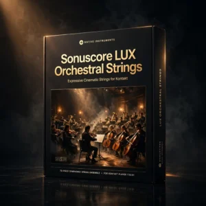 3D software box artwork for LUX Orchestral Strings Kontakt Library by Sonuscore – Cinematic Strings, showing the cinematic string sections