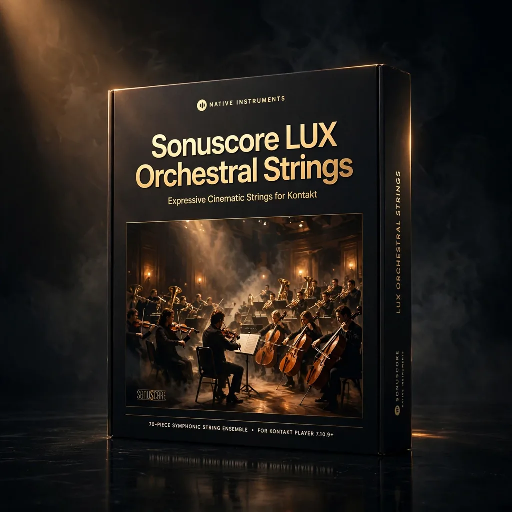 SONUSCORE-LUXSTRINGS-001 3D software box artwork for LUX Orchestral Strings Kontakt Library by Sonuscore – Cinematic Strings, showing the cinematic string sections
