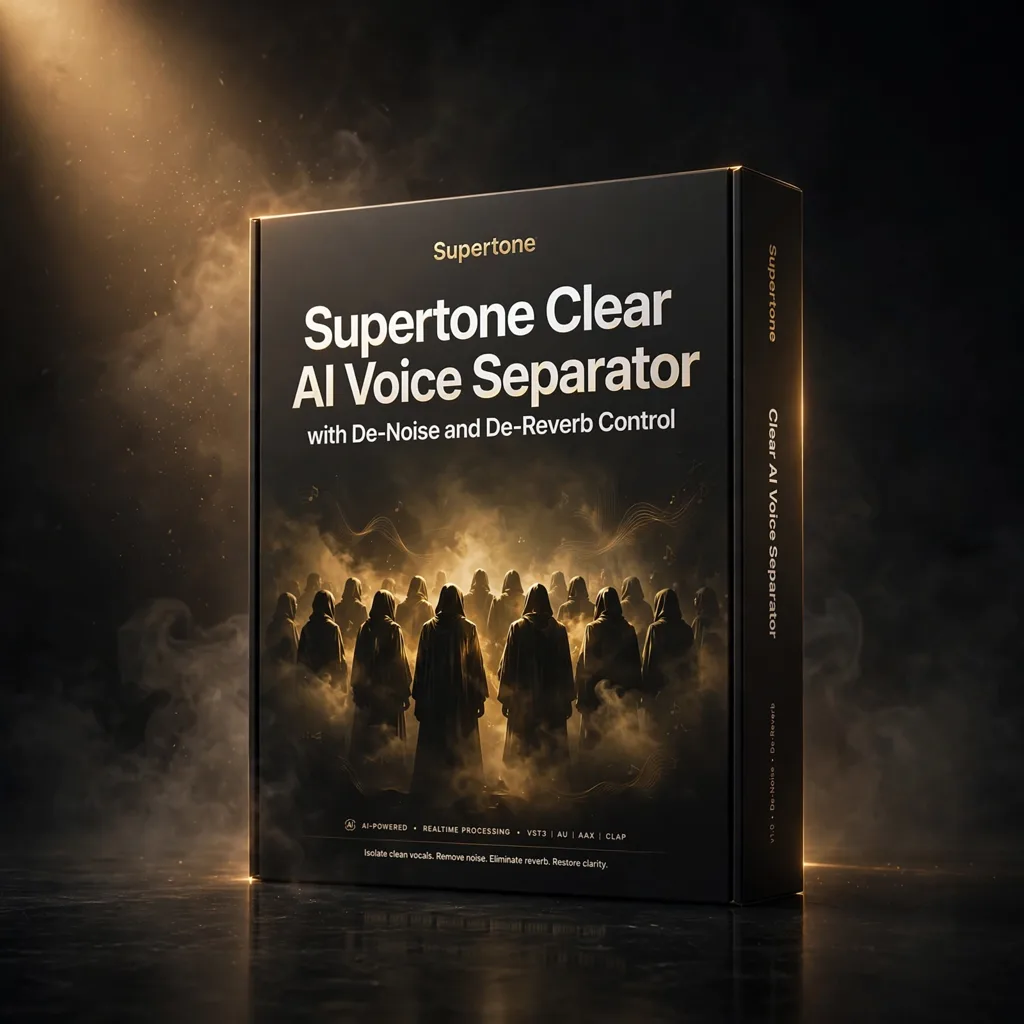 SUPE-CLEAR Supertone Clear – AI-Powered De-Noise & De-Reverb Voice Separator 3D software box artwork