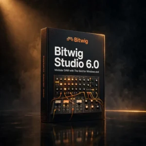 3D software box artwork for Bitwig Studio 6.0 – Next-Gen Music Production DAW for Windows & macOS, showing The Grid modular environment