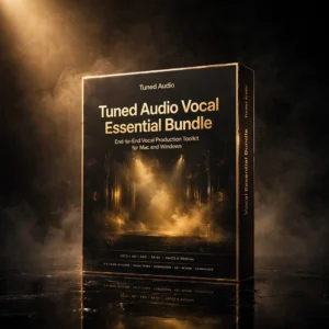 3D software box artwork for Tuned Audio Vocal Essential Bundle – Complete Vocal Processing Suite, showing the vocal processing chain
